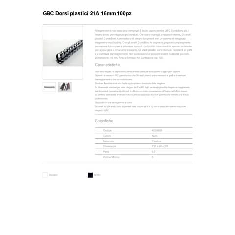 Dorsi plastici a 21 anelli GBC CombBind 16 mm A4 nero - fino a 145 fogli conf da 100 dorsi - 4028600